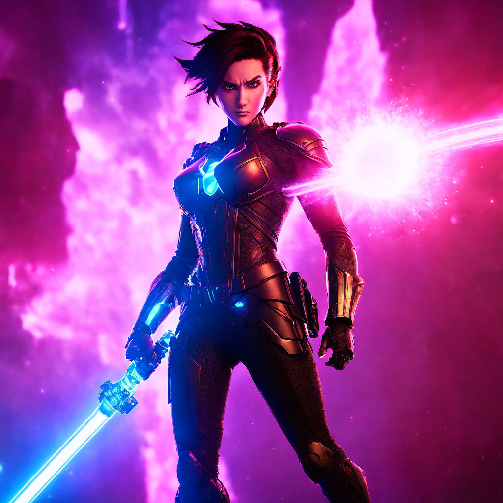 Futuristic armored female warrior with glowing sword in energy blast setting