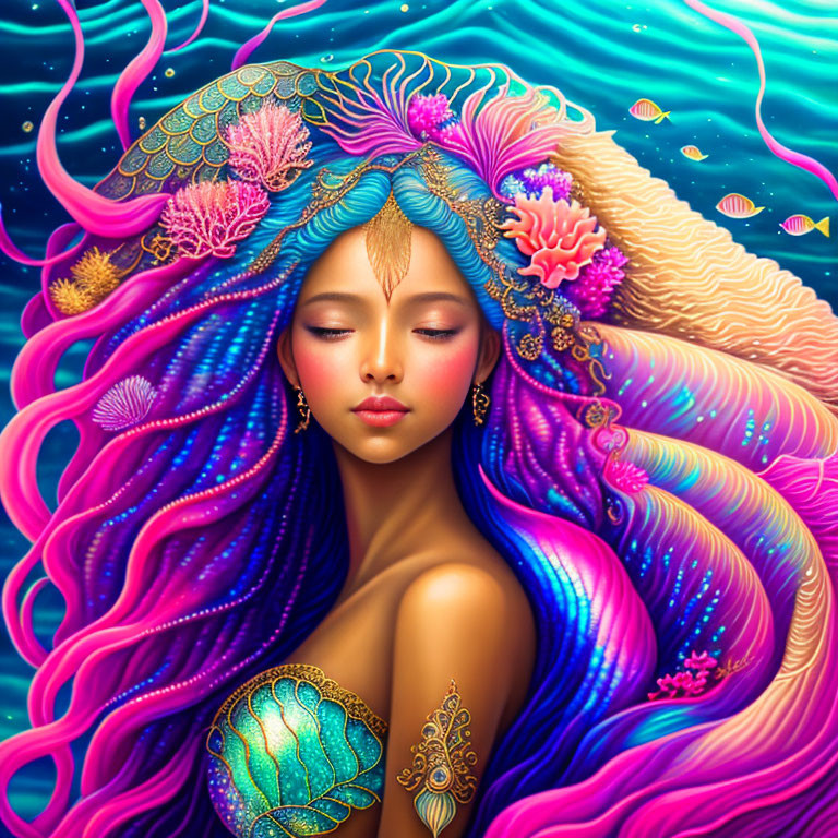 Colorful Woman with Flowing Mane and Sea Elements in Mythical Oceanic Theme