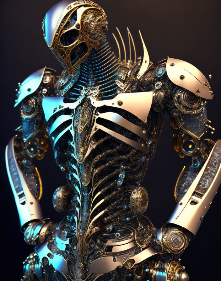 Detailed gold and silver robot with mechanical joints and gears on dark backdrop