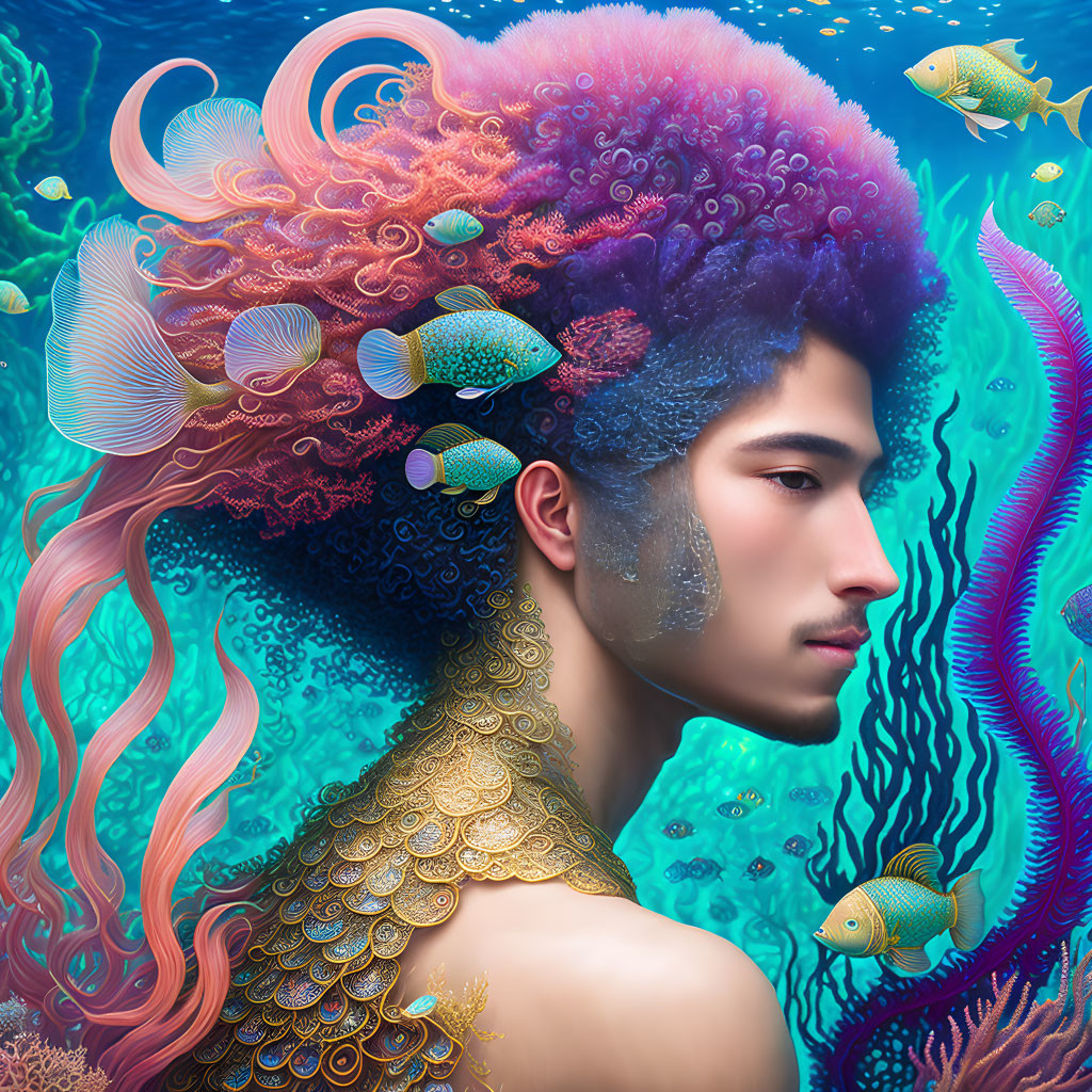 Vibrant surreal portrait of person with coral hair and fish scales submerged in water