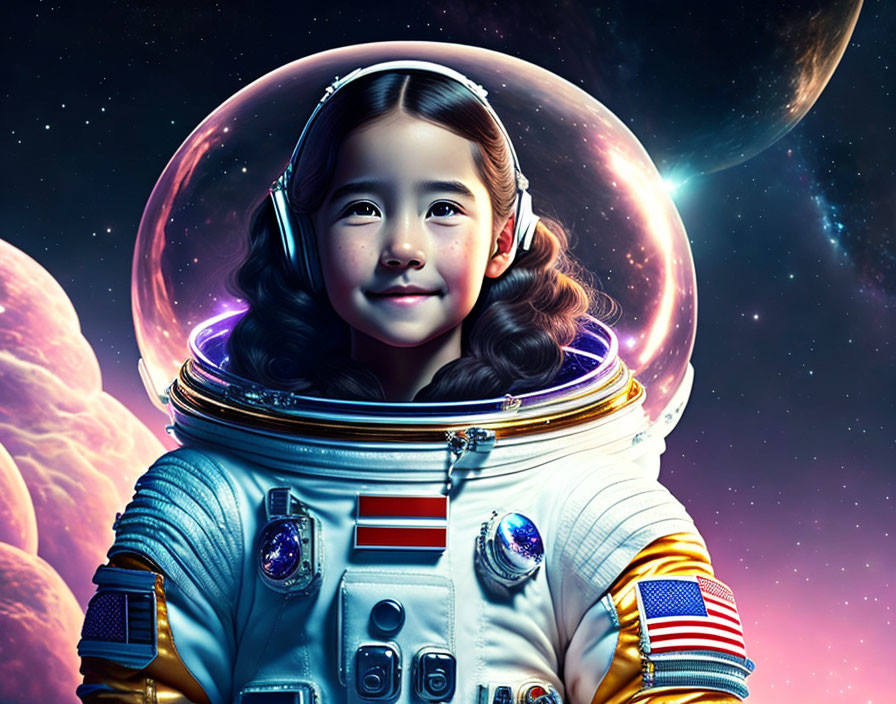 Young girl in astronaut suit with large helmet in vibrant outer space.