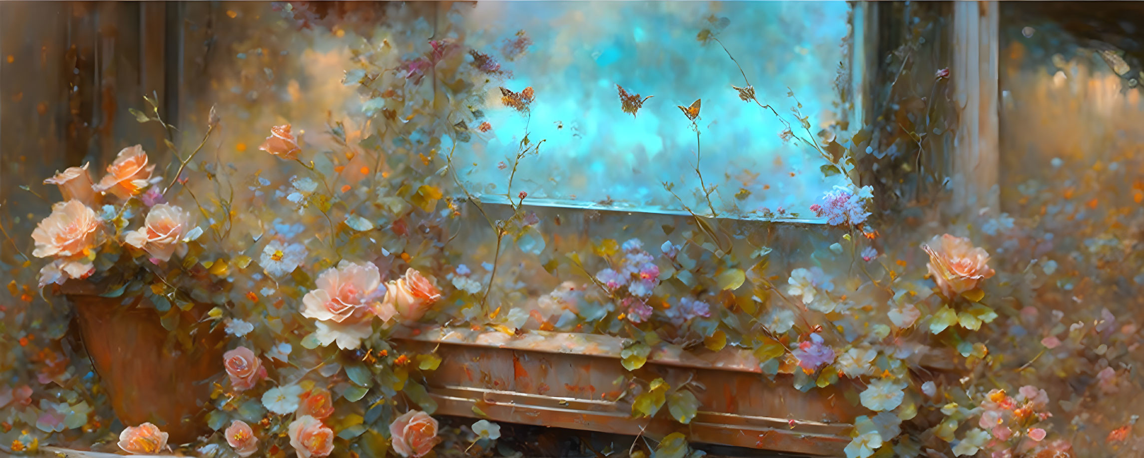 Tranquil garden with blooming roses and butterflies by a wooden bench