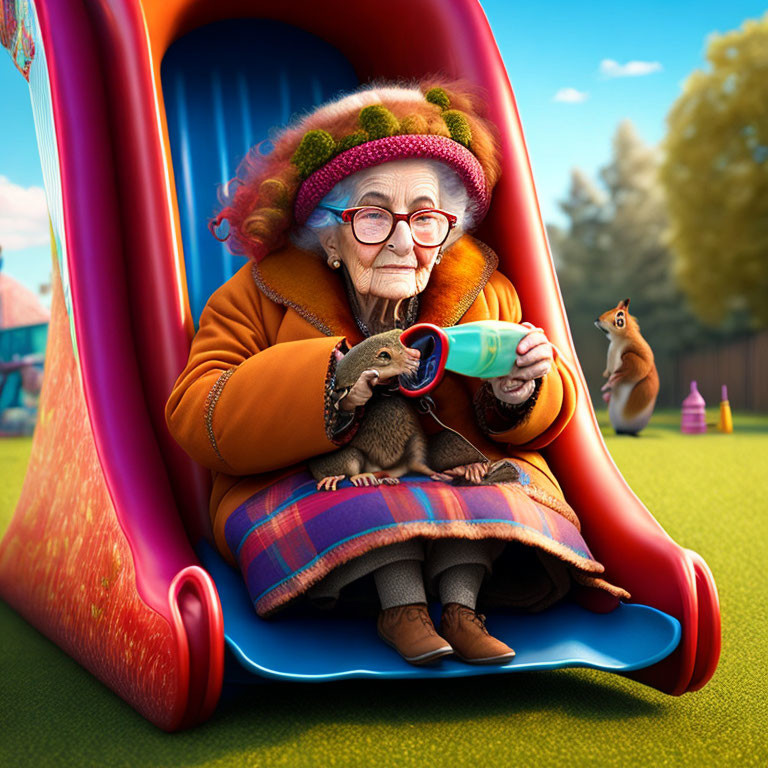 Elderly lady in colorful attire with animals at slide base