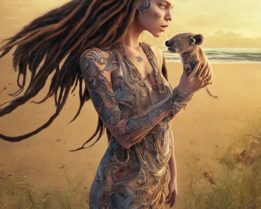 Woman with elaborate tattoos and dreadlocks holding bear cub on beach at sunset