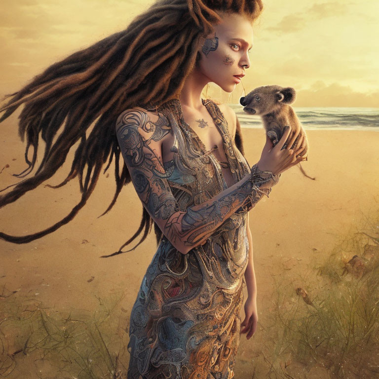 Woman with elaborate tattoos and dreadlocks holding bear cub on beach at sunset