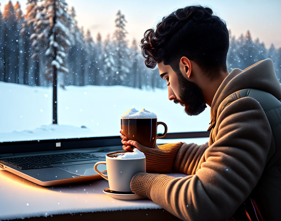 Bearded man with mug and laptop in snowy winter setting