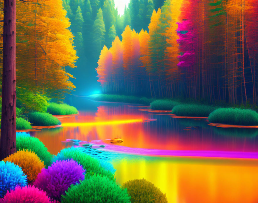 Digitally altered forest scene with multicolored trees reflecting in a tranquil river