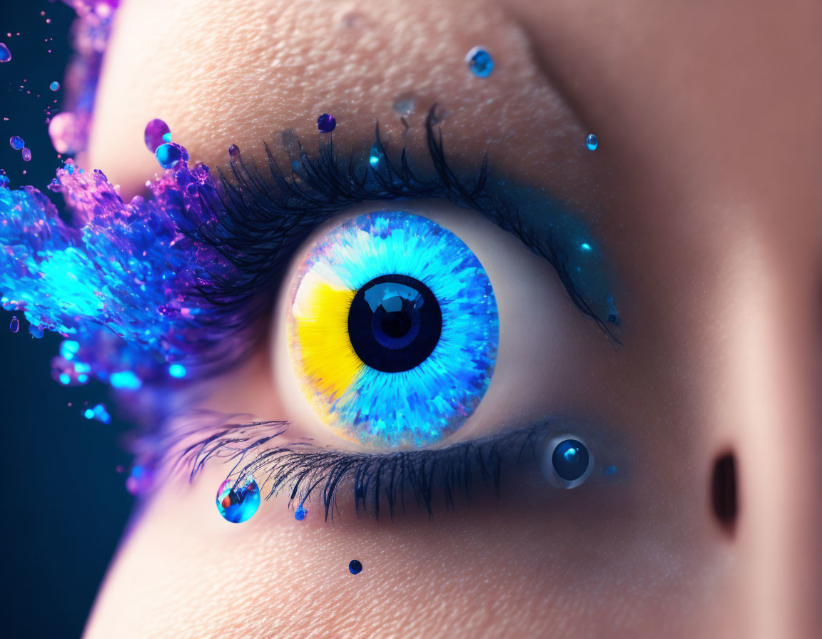 Vibrant blue and yellow eye makeup with glitter and beads and tear-like droplets