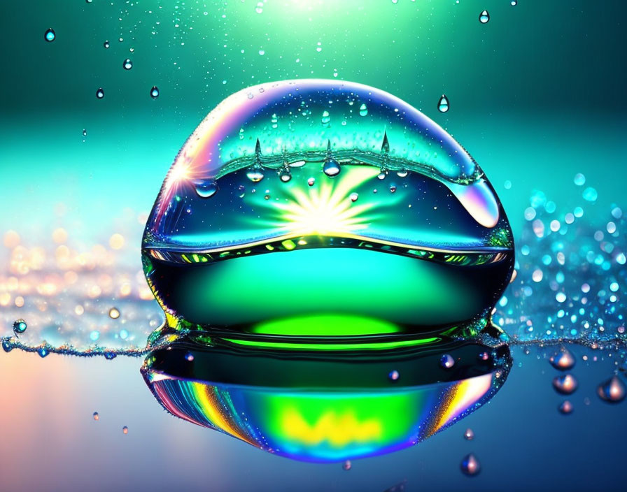 Colorful Water Drop Close-Up on Reflective Surface with Green, Blue, and Rainbow Hues