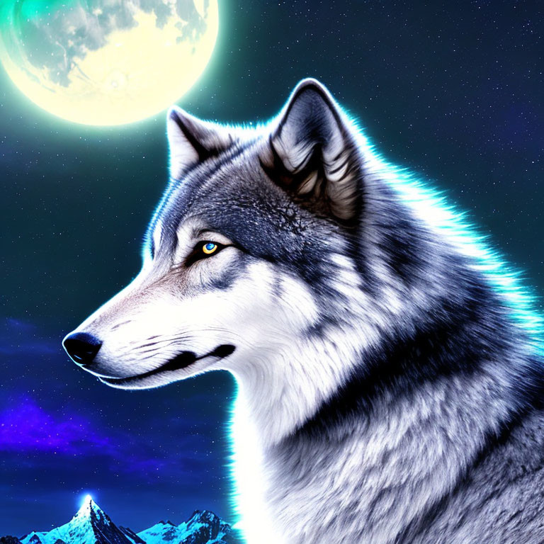 Grey Wolf Profile Under Full Moon and Snow-Covered Mountains