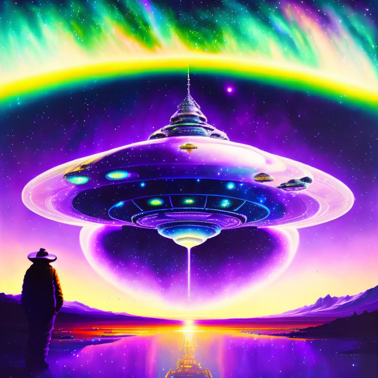 Silhouette person gazes at colorful UFO in vibrant aurora sky