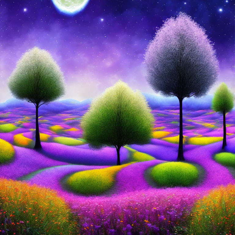 Colorful Fantasy Landscape with Starry Sky and Crescent Moon