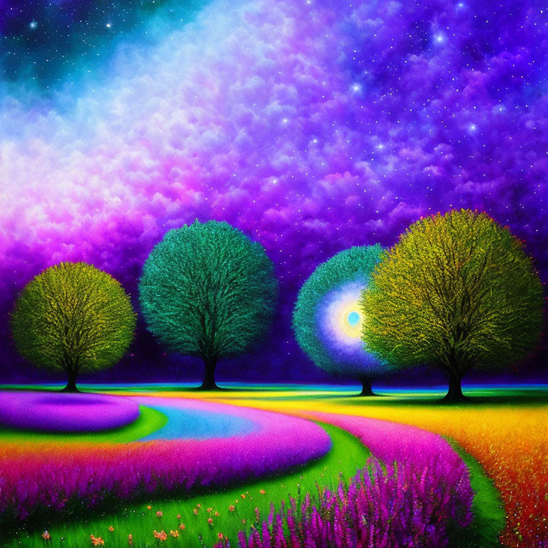 Colorful Galaxy Sky Over Three Luminous Trees and Flowering Fields