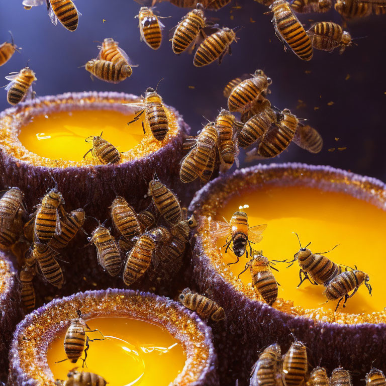 Bees swarming over golden honeycombs in action.