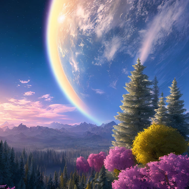 Colorful Trees and Surreal Planet in Starry Landscape