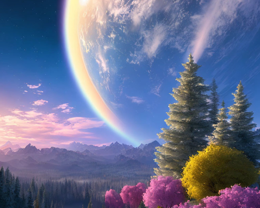 Colorful Trees and Surreal Planet in Starry Landscape