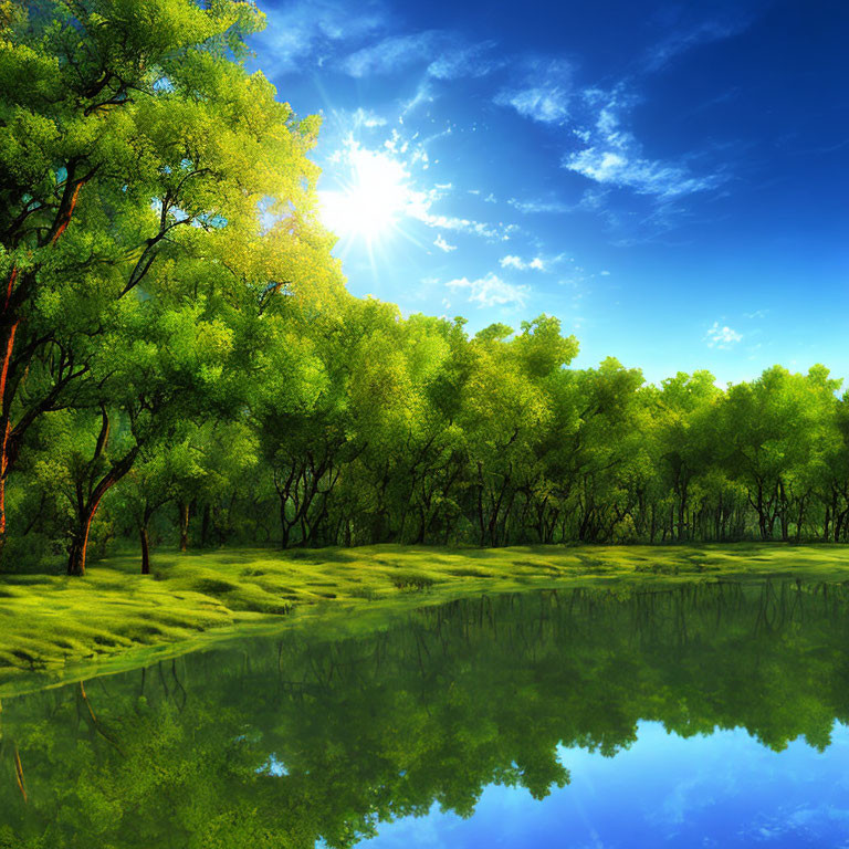 Lush green forest with radiant sun, tranquil lake scenery