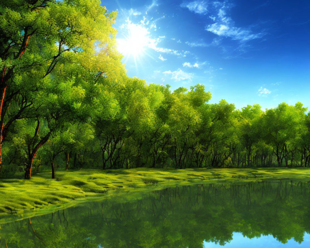 Lush green forest with radiant sun, tranquil lake scenery