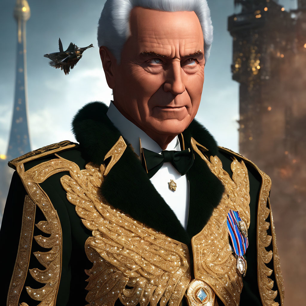 Elder statesman in military uniform with white hair in futuristic cityscape