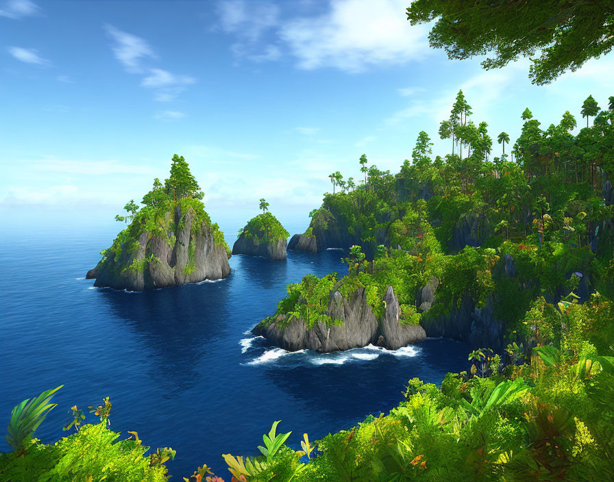 Tranquil green islets with rocky cliffs in vibrant blue ocean