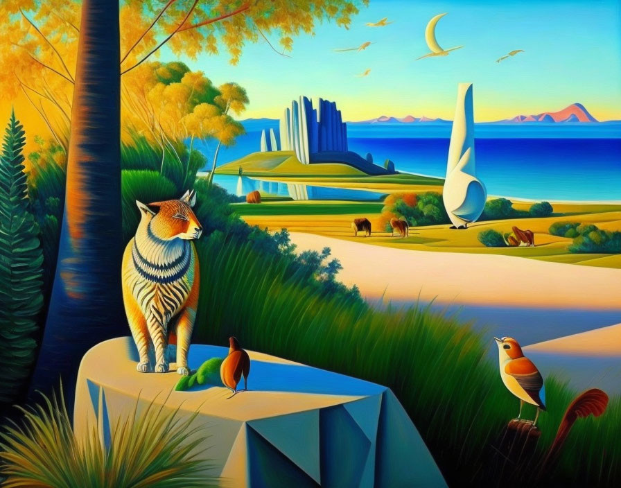 Colorful surreal landscape with cat, bird, beach views, trees, and abstract structures