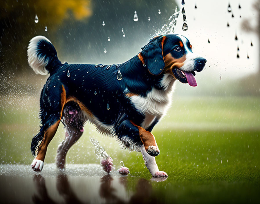 Tricolor dog walking in rain with tongue out and reflection on wet ground