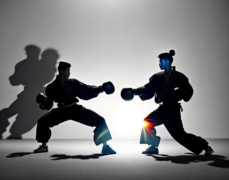 Silhouetted martial artists face off with boxing gloves in dramatic lighting.