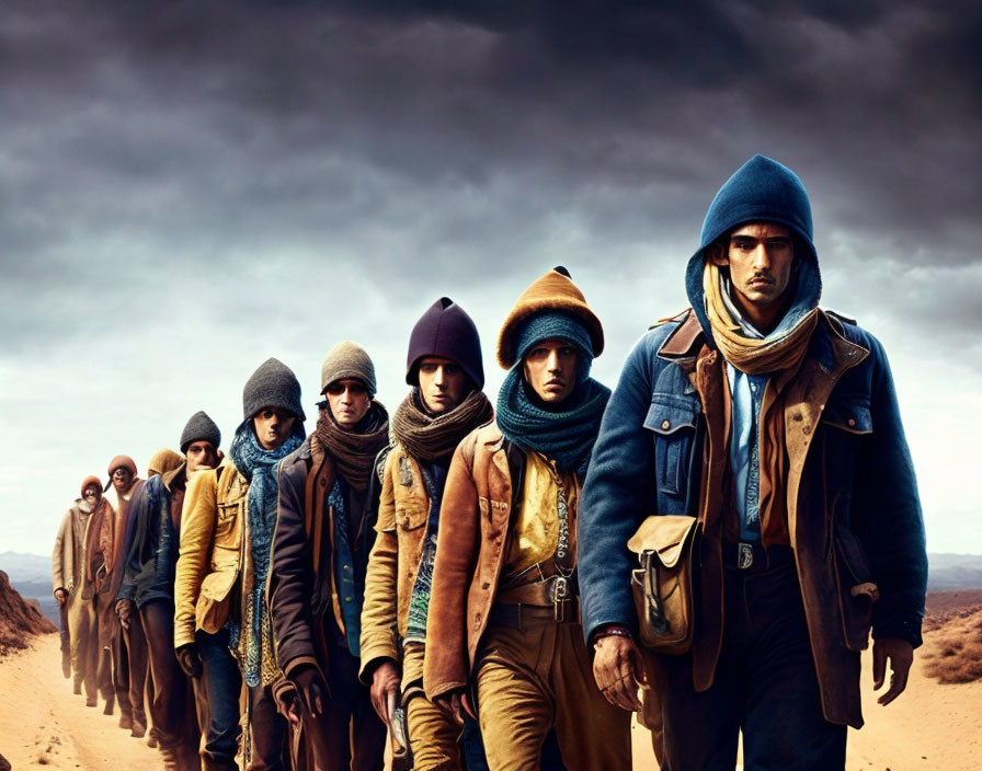 Group of Individuals in Hooded Jackets Walking Through Desert Landscape