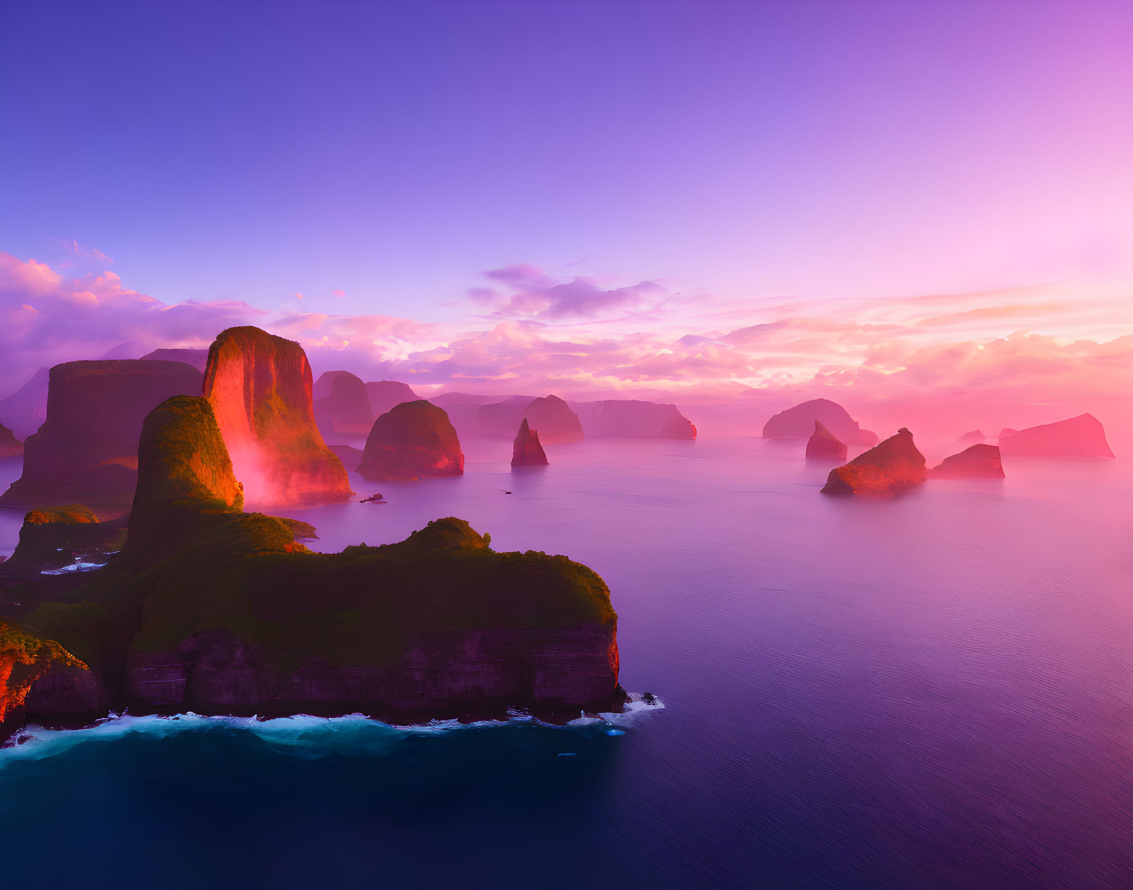 Majestic sea cliffs at sunset with purple and pink sky hues