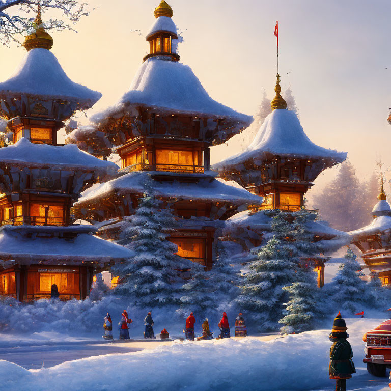 Snow-covered traditional wooden buildings with tiered roofs and illuminated interiors, surrounded by snowy pine trees and colorful