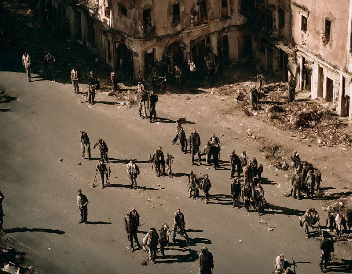 Sepia-Toned Photo of People in Dilapidated Urban Square