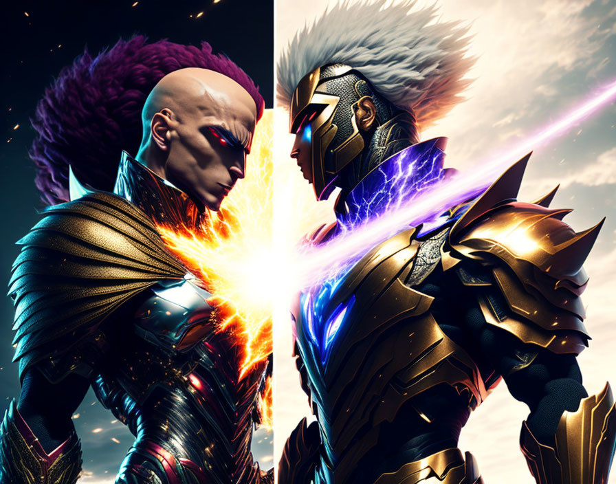 Stylized superheroes clash in futuristic armor with vibrant energy beams under dramatic sky