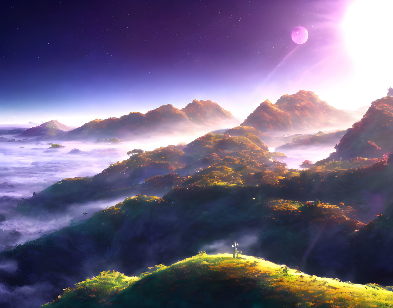 Surreal landscape with starry sky, celestial body, misty valleys, lush mountains, and