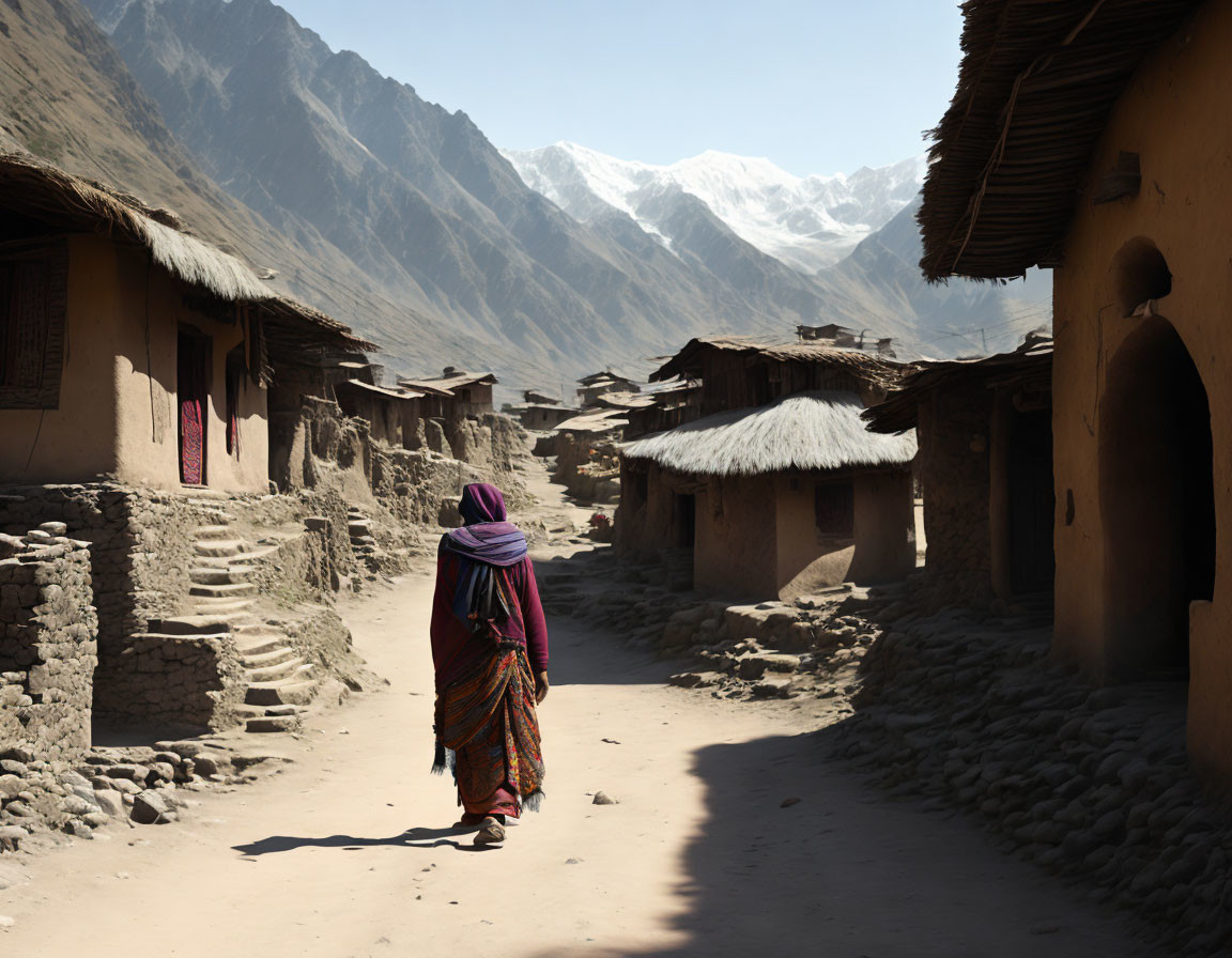 Colorfully dressed person in traditional village with thatched-roof houses and mountains.