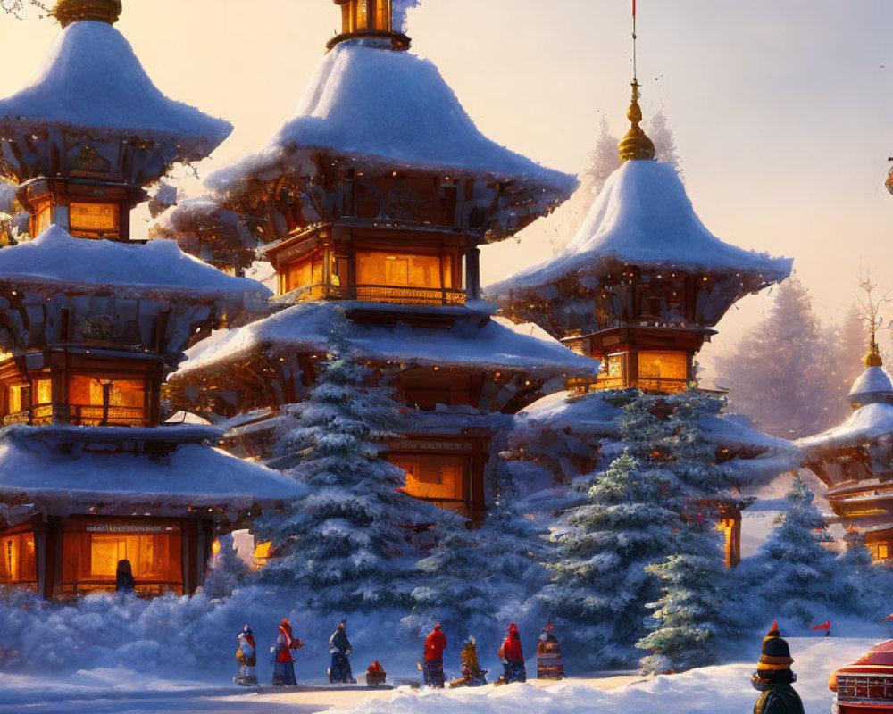 Snow-covered traditional wooden buildings with tiered roofs and illuminated interiors, surrounded by snowy pine trees and colorful