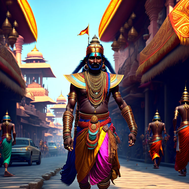 Regally dressed warrior in traditional armor with flag-topped spear walking through ancient street.