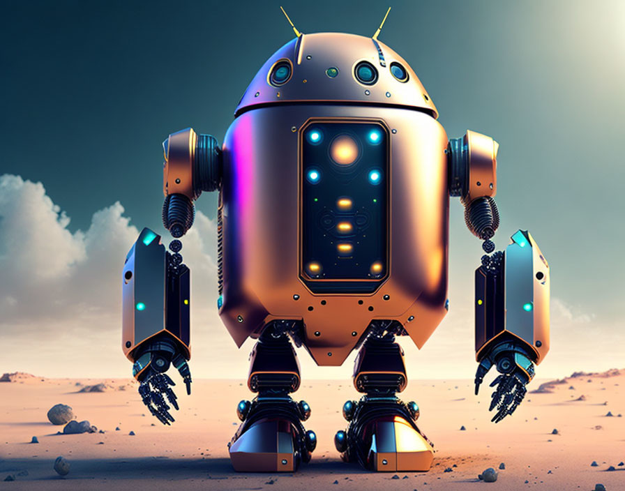 Futuristic round-bodied robot on sandy surface at twilight