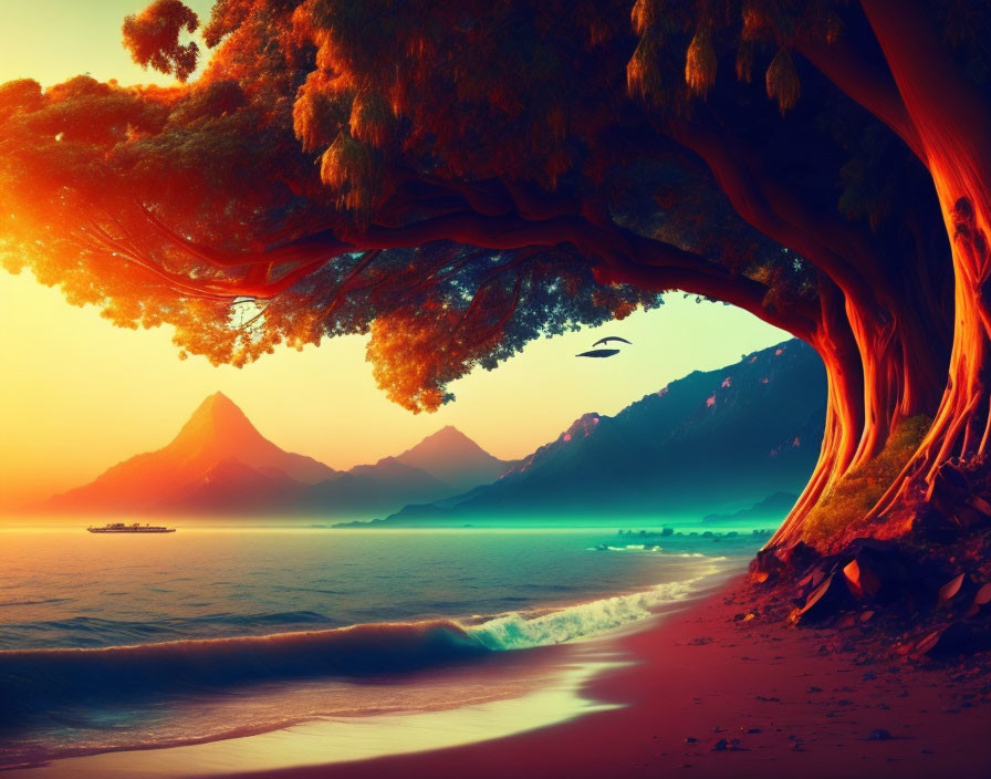 Surreal seascape with oversized trees, mountains, ocean, and soaring eagle