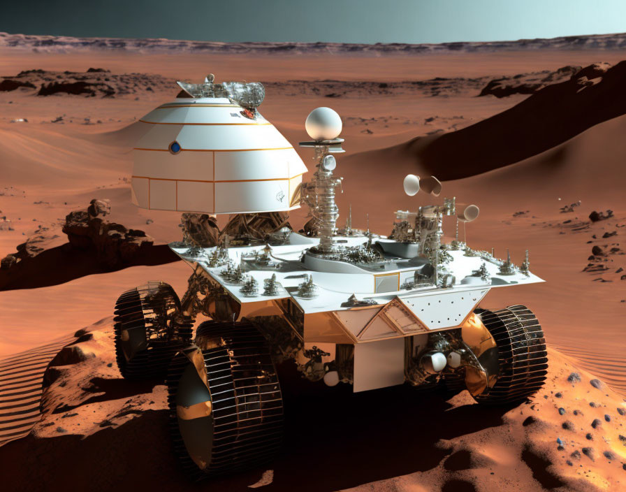 Robotic Mars rover with solar panels on rocky Martian landscape