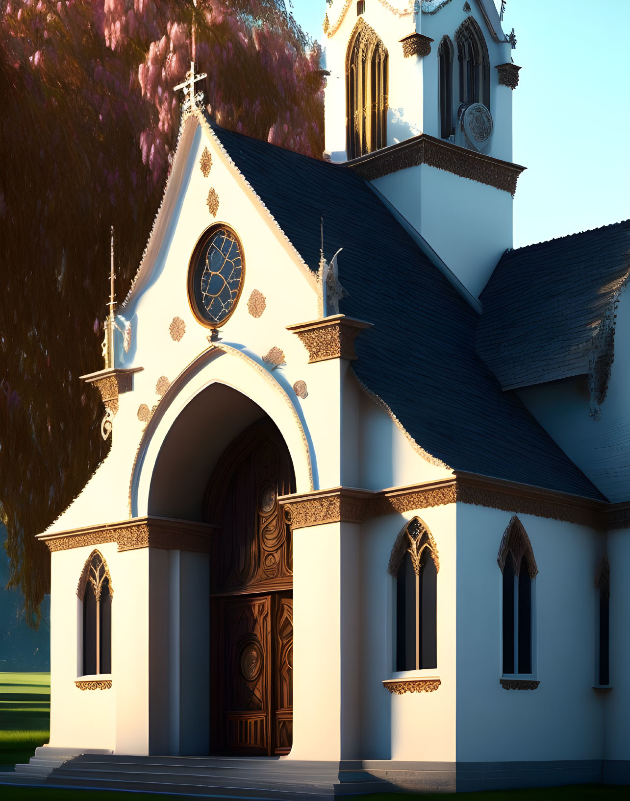 Intricate church facade with wooden door and stained-glass windows