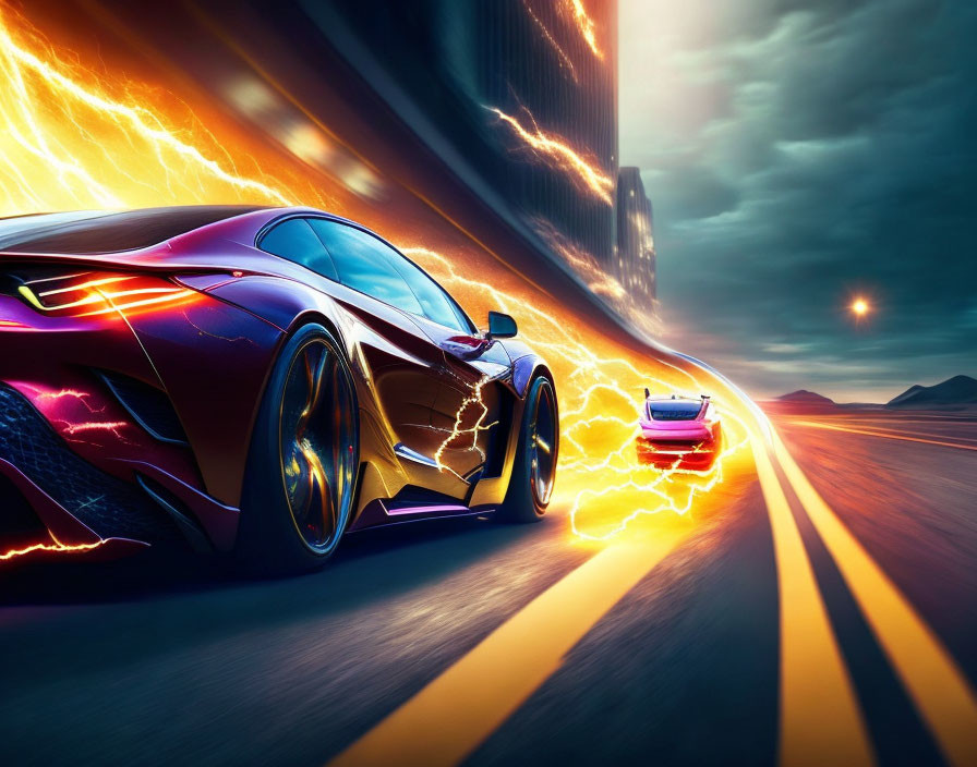 Two sports cars racing with electric energy and lightning effects