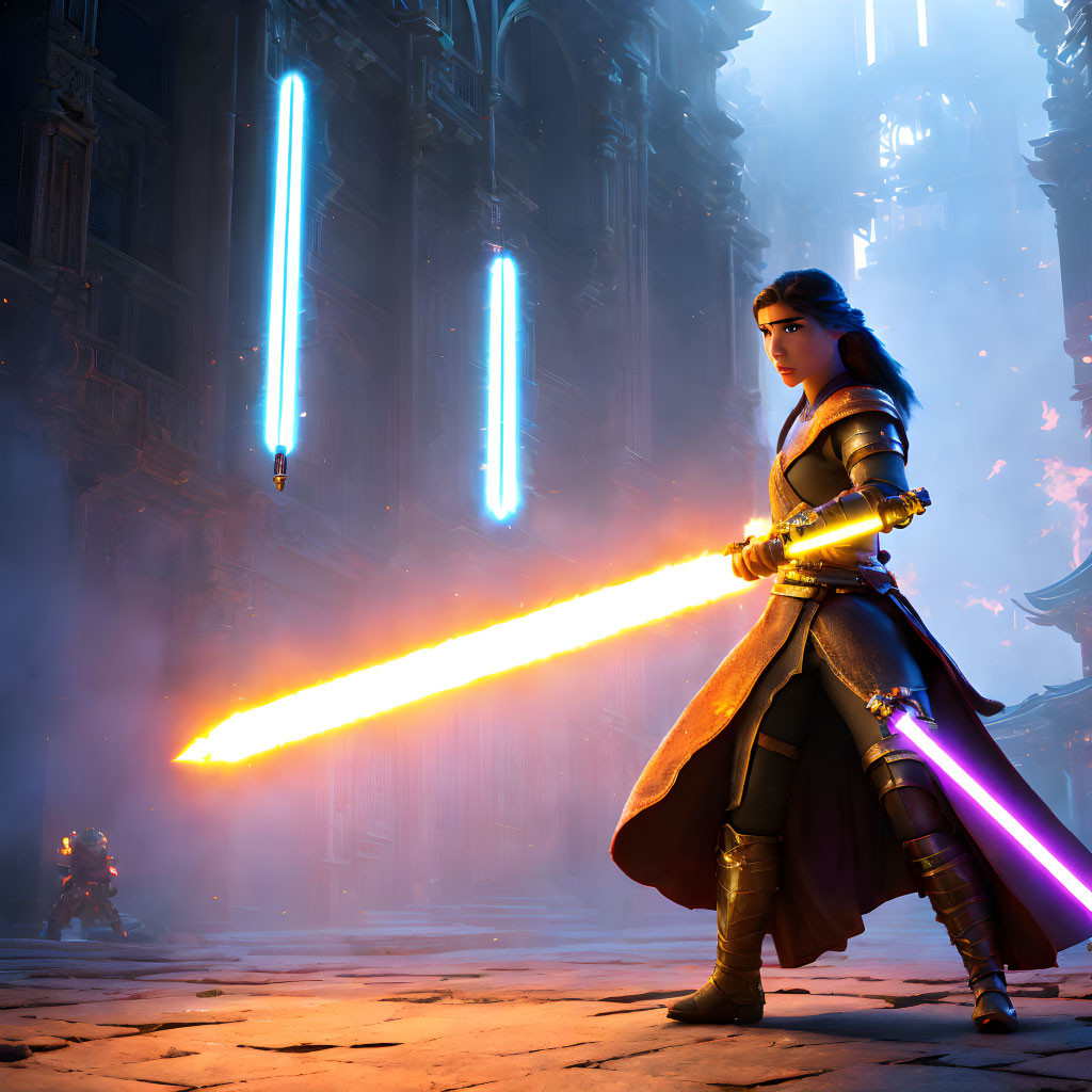 Warrior with Glowing Yellow Sword in Cathedral Setting