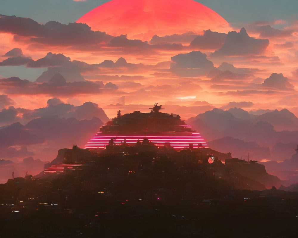 Futuristic city skyline against red sunset with neon accents