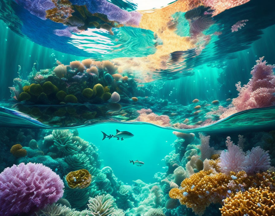 Vibrant Split-View: Underwater Reef and Rocky Formations