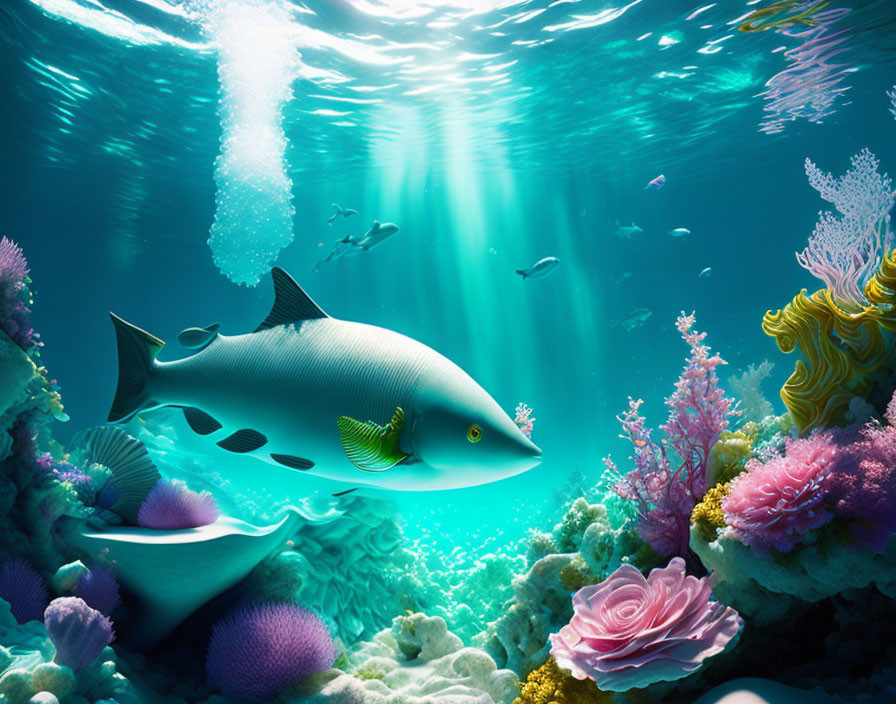 Colorful Coral and Fish in Sunlit Underwater Scene