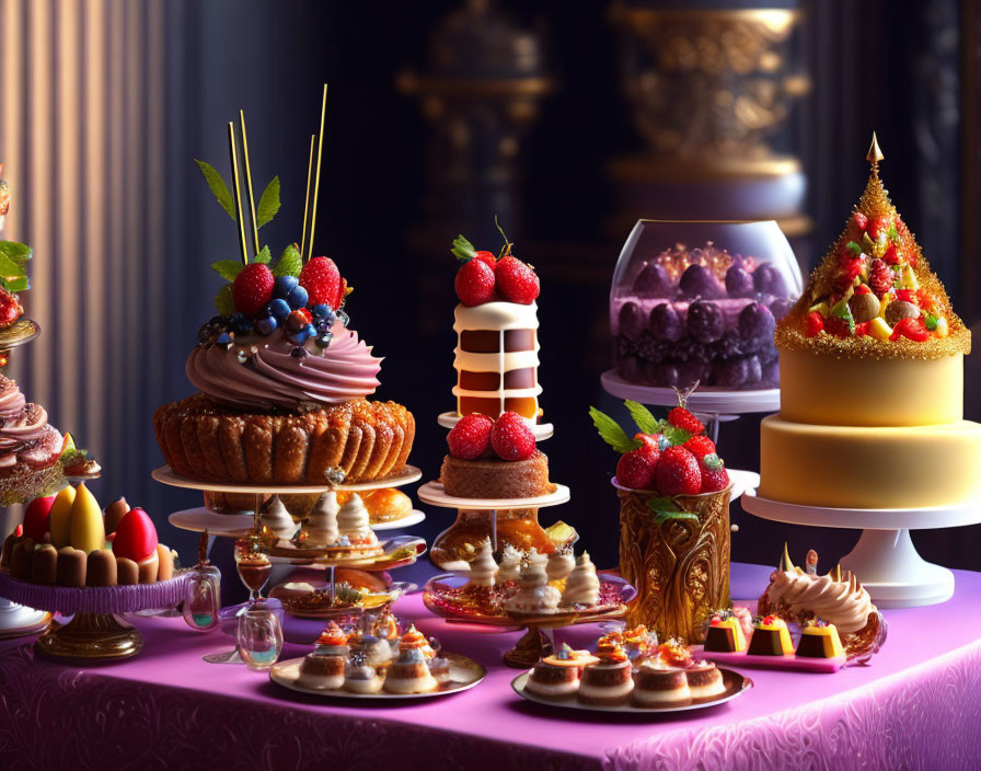 Assortment of elegant desserts on table with purple cloth