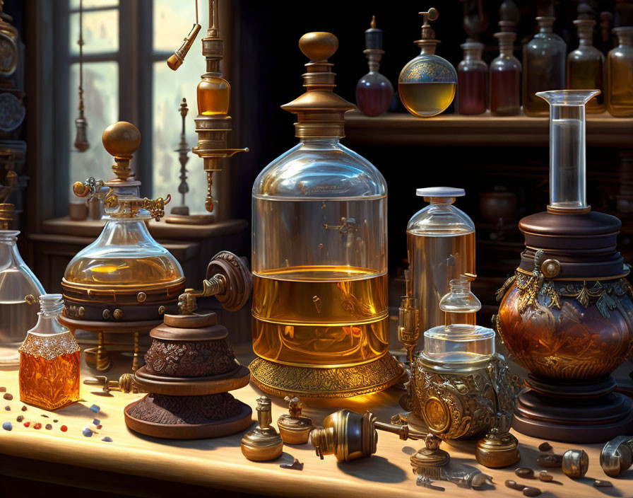 Intricate Alchemist's Lab with Ornate Bottles and Distillation Apparatus