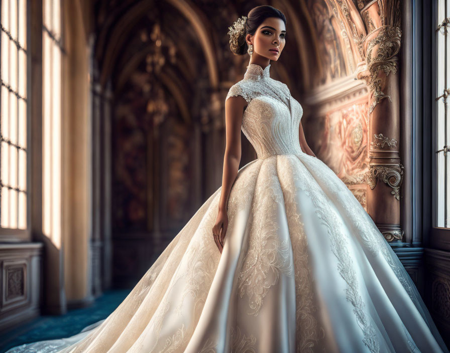 Luxurious wedding dress in ornate cathedral with warm sunlight