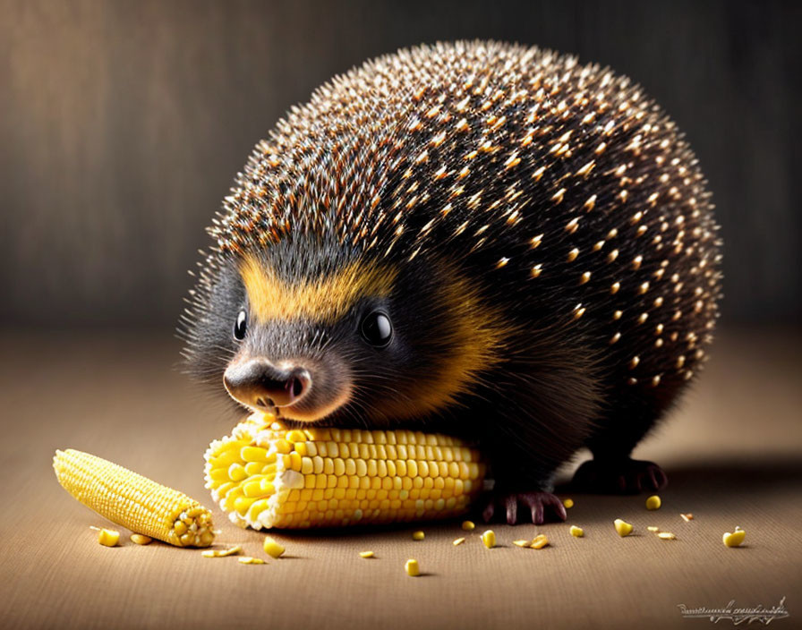 Hedgehog nibbling on corn cob in woodland setting