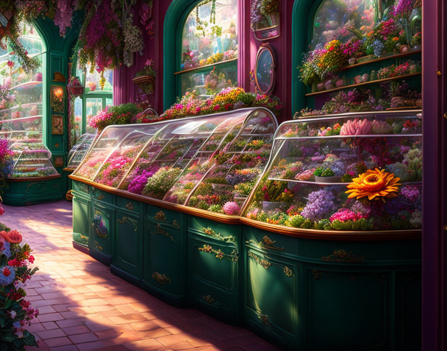 Colorful Flowers in Glass Display Cases in Sunlit Flower Shop